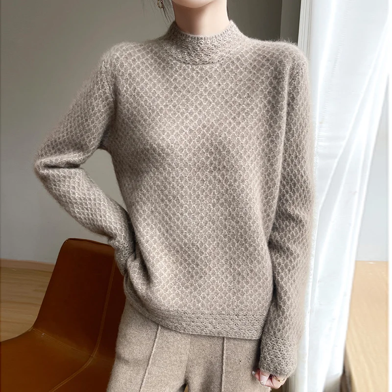 Autumn/Winter Thickened Semi-turtleneck Checked Sweater 100% Merino Wool Long-sleeved Pullover Fashion Women's Solid Color Top