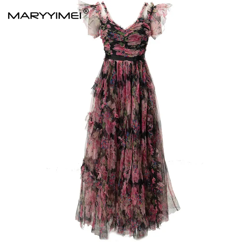 

MARYYIMEI Fashion Designer spring Summer Women's Sweetheart Neck Flounced Edge Lace Camisole Backless Printed Dresses