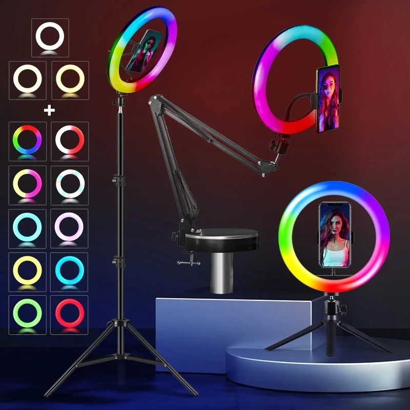 Кольцевой светильник RGB для селфи, мягкий цветной круглый светильник с длинной ручкой, со штативом для планшета, держателем для телефона, светильник щение для фотосъемки