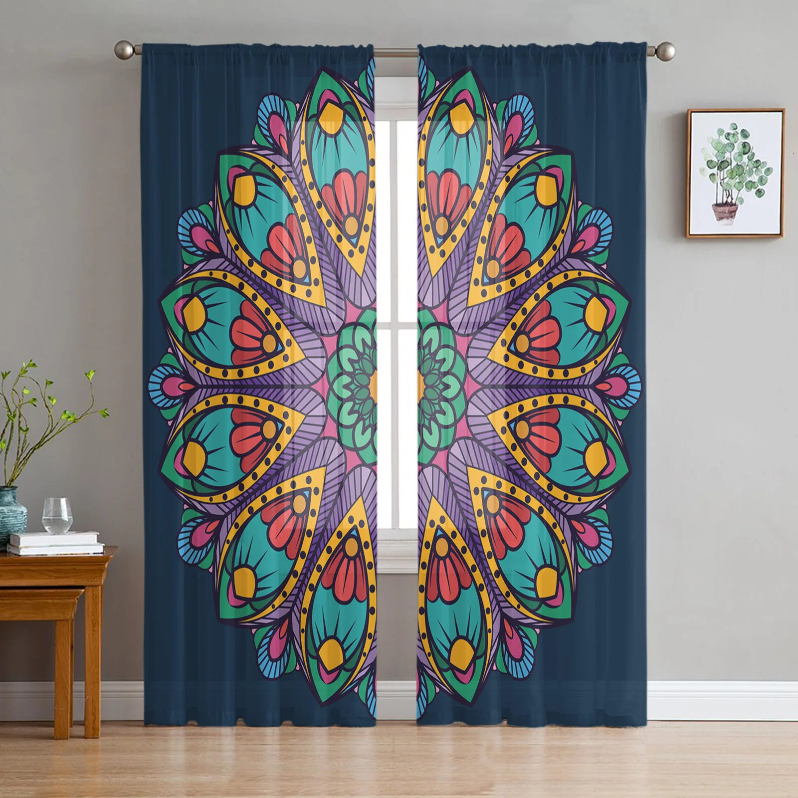 Mandala Feather Flower Curtains Living Room Bedroom Kitchen Decoration Window Voiles Organza Tulle Curtain