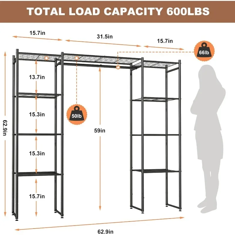 Portable Wardrobe, Metal Clothes Rack with Shelves and Hanging Rods, Freestanding Wardrobe Rack for Hanging Clothes