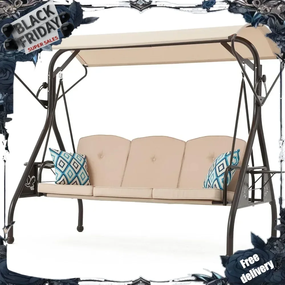 3-Seat Outdoor Porch Swing with Stand, Patio Swings with Canopy, 2 in 1 Porch Swings Bed & Patio Swing Chair for Adult