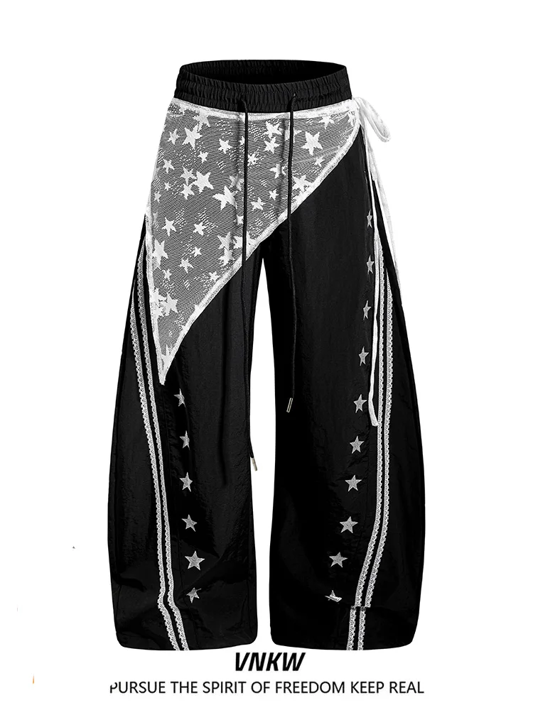 

American Retro Lace Patchwork High Waist Sports Street Dance Casual Pants Women Sexy Wide Leg Pants Knife Loose Fit