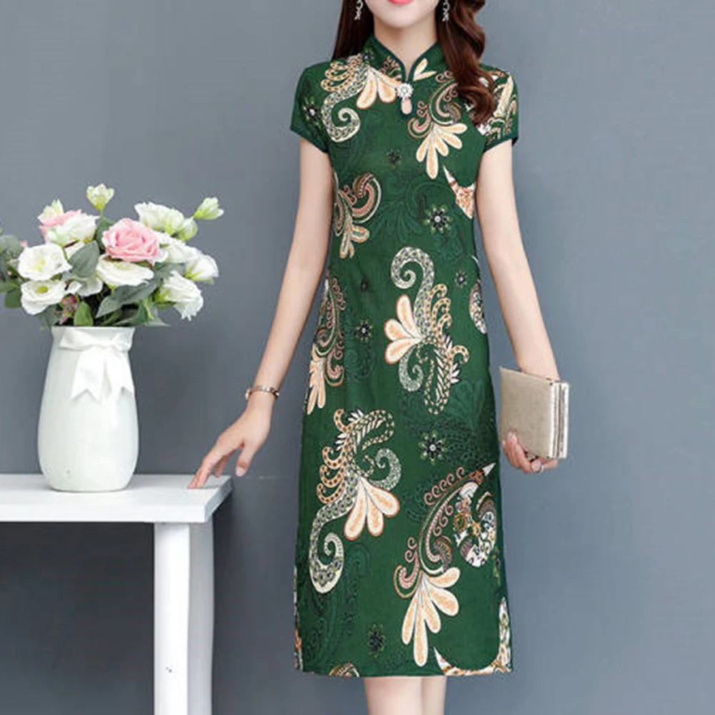 

Chinese National Cheongsam Chinese National Style Floral Print Stand Collar Women's Dress With High Side Split For Summer