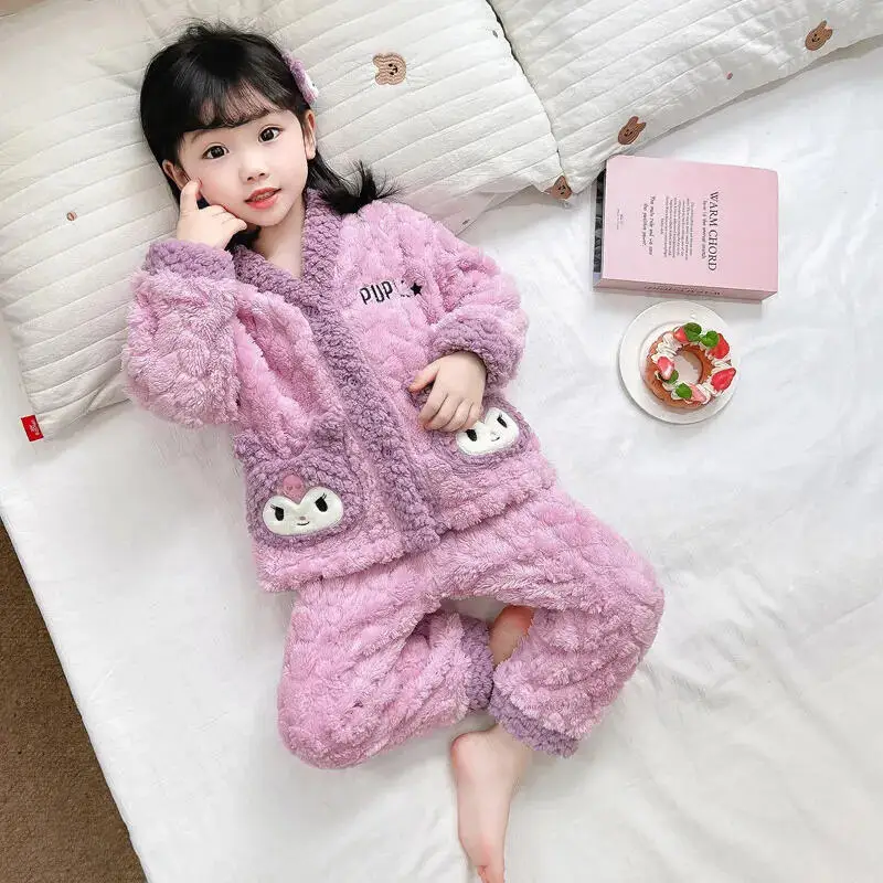 

Sanrio Kuromi Winter Pajamas Two-Piece Set Girl Thicken Keep Warm Tops Pants Child Kawaii Anime Cartoon Fashion Casual Homewear