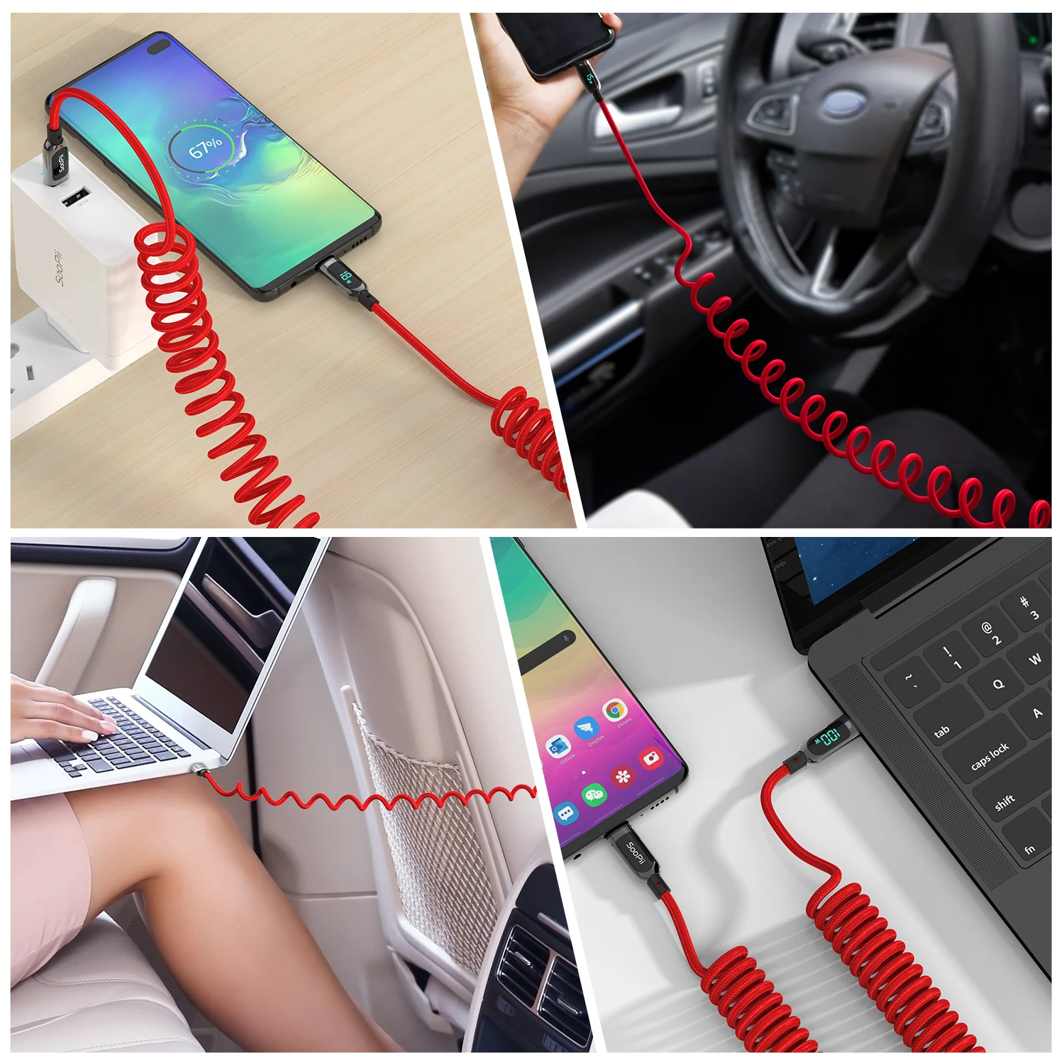 SooPii Coiled 100W USB C to USB C Cable Fast Charging 2M Nylon Braided Type-C Cable with LED Display for lPad/lphone/MacBook