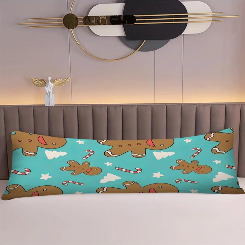 A Long Pillowcase Featuring a Turquoise Gingerbread And Candy Cane Pattern, Measuring 20*54 Inches. It Has a Gingerbread Design,