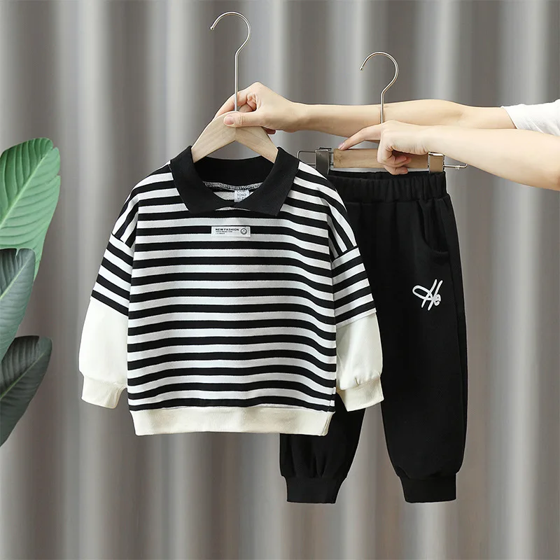 Boys Stripes Patchwork Sweatshirt+Sweatpants 2Piece Set Spring Autumn Outfit Casual Children Tracksuit 2-10Year Kids Sport Suit