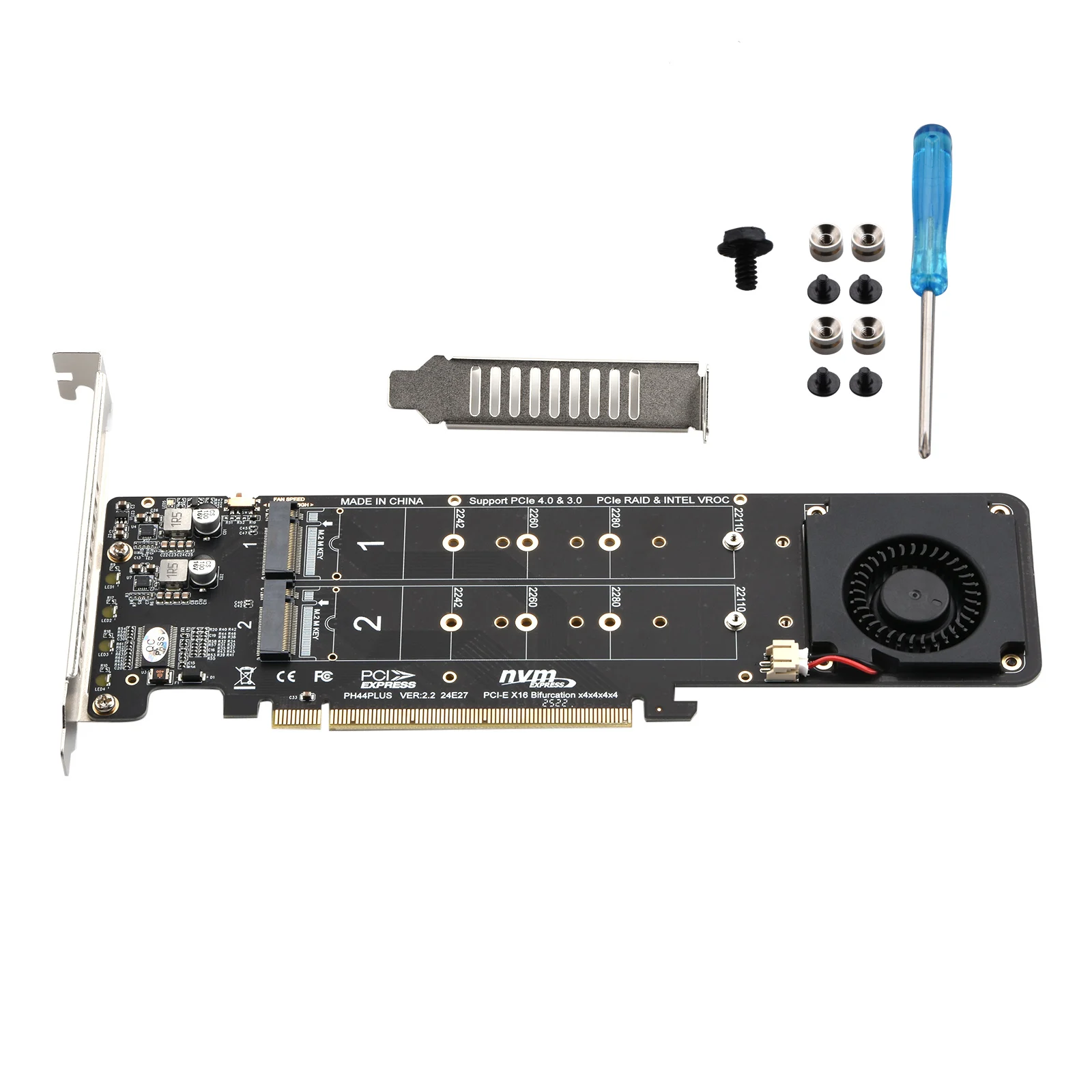 PCI-E 4.0 X16 To M.2 M-key Nvme X4 SSD 2242/2260/2280/22110 PCIe 16X RAID Array Expansion Adapter Split Card for 2U Server Case