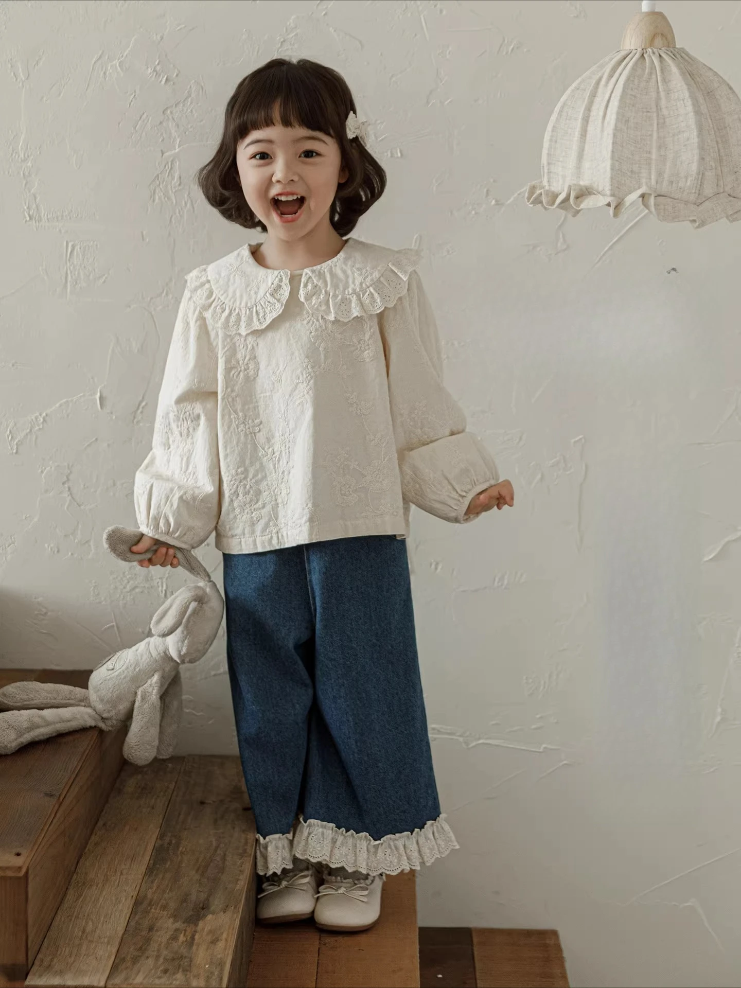 Girls Spring New Lace Lapel Cotton Shirt Breathable Loose Cute Casual Tops For 2-7 Years Kids