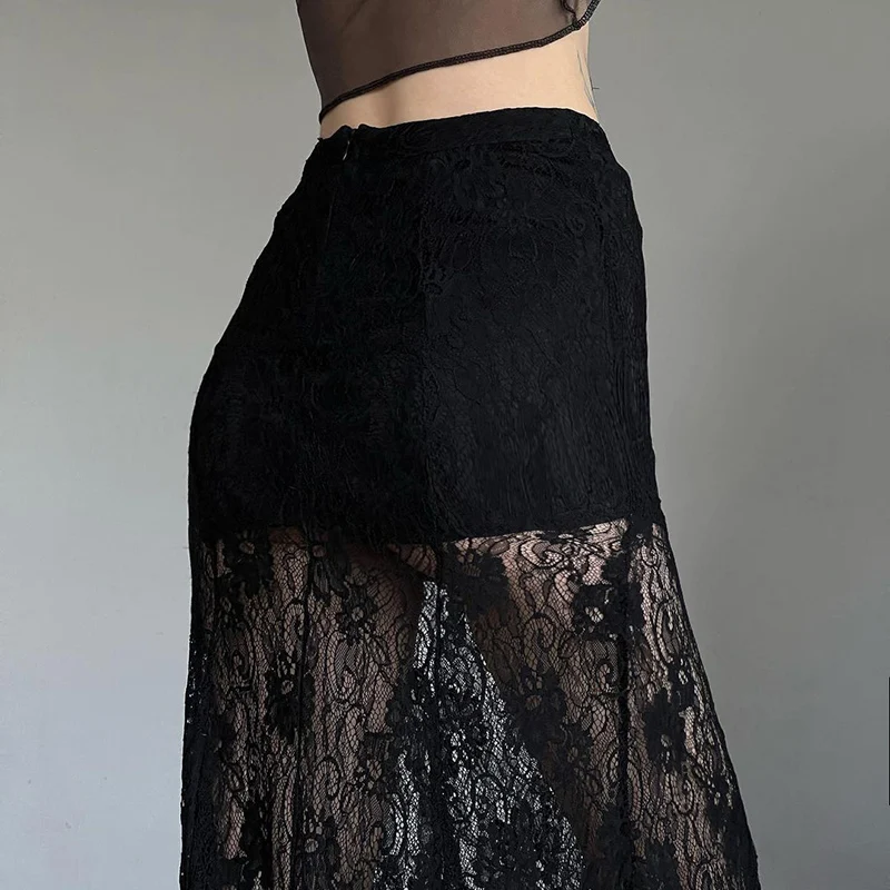 Darlingaga Fashion Elegant Solid Lace Skirt Female Boho Gothic Dark Split Long Skirts Transparent Double Layer Women\'s Bottoms