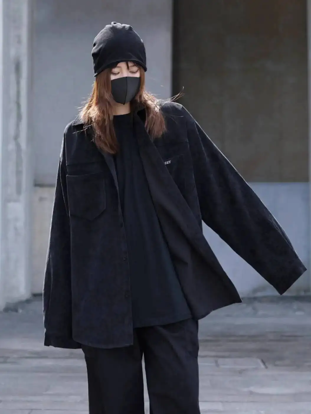 Dark Gothic T-Shirts Style Women's Corduroy Shirt Jacket Autumn Spring Long Sleeve Black Wale Corduroy Work Blouse