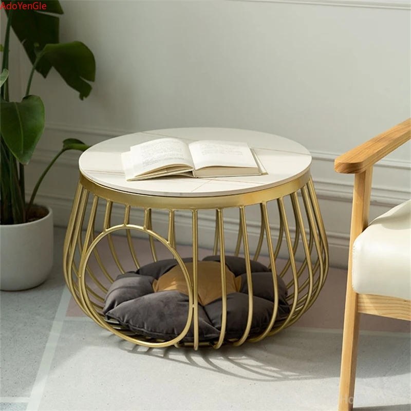 60cm Creative Nordic Iron Tea Table Round Coffee Table for Living Room Furniture Bed Side Table Rock Plate Tables Cat House Bed