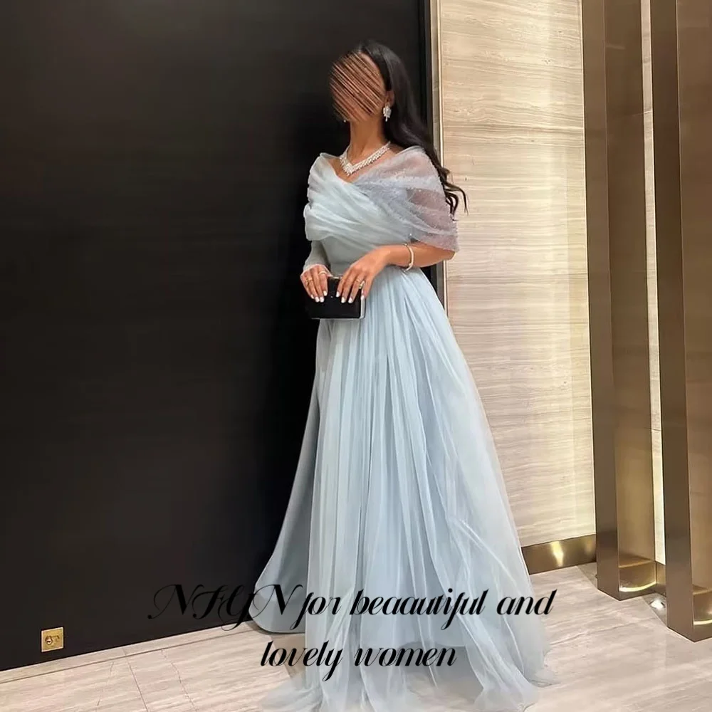 NFYN Blue Sexy Formal Gown Net Off the Shoulder Woman Evening Dress Pleats V-Neck A-Line Celebrity Dress for Woman Customized