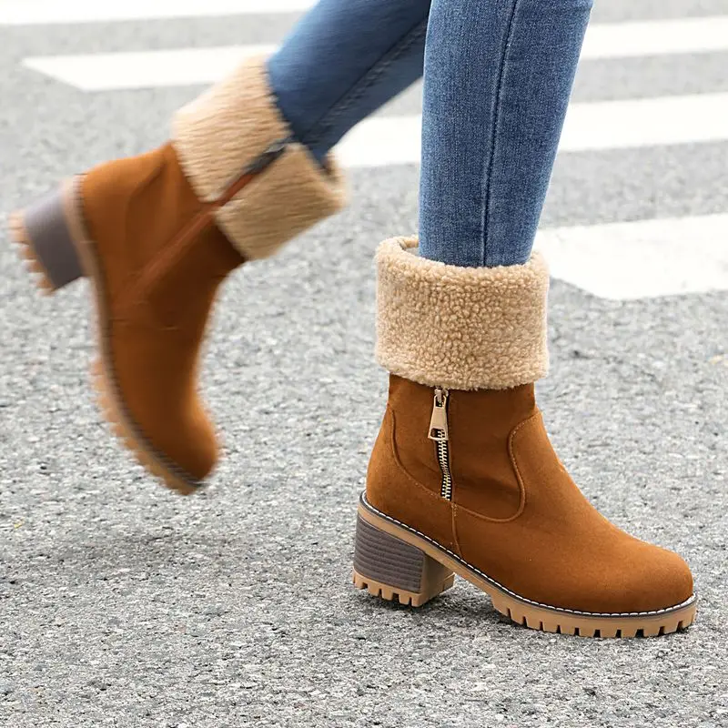 SIMLOVEYO المرأة منتصف العجل الأحذية جولة تو 6 سنتيمتر كتلة كعب سستة قطيع الجلد المدبوغ في الهواء الطلق شتاء دافئ تصميم المتضخم حجم 43 عادية #4