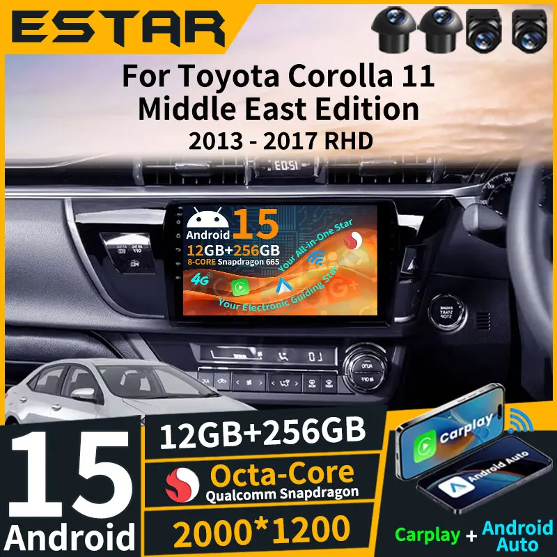 Carplay Auto Android 15 اللاسلكي لسيارة Toyota Corolla 11 إصدار الشرق الأوسط 2013 - 2017 RHD ثماني النواة QLED GPS DSP الملاحة RDS #1