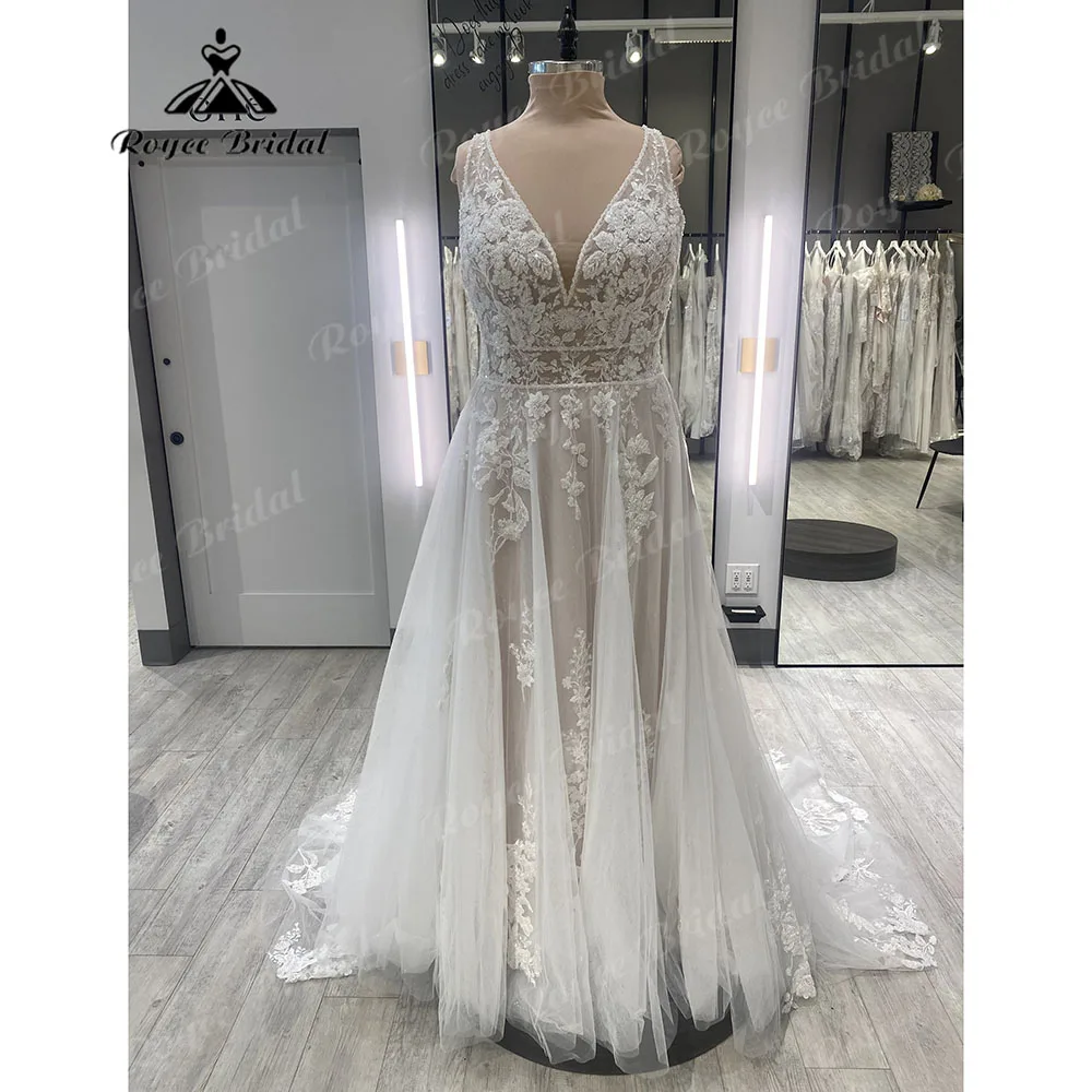 Vintage Lace Appliques V Neck Sleevless Wedding Dress for Women 2024 Backless Bridal Gown Custom Made vestido blanco boda civil