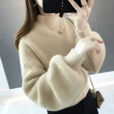 

Winter Warm Ladies Thickened Mink Sweater High Waist Loose Fit Knitted Top Base Layer Turtleneck New Fashion Style