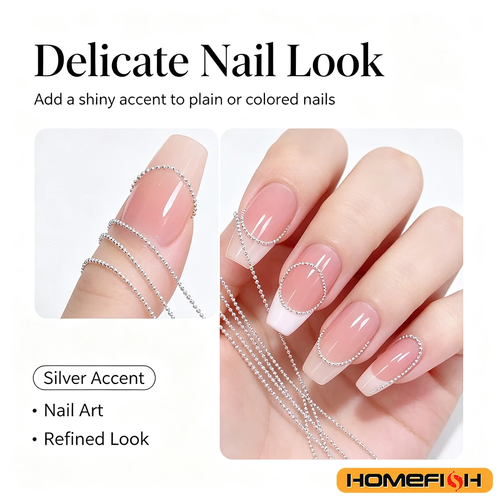 1M/Pack 0,8mm Gold Silber Nagelperlenkette Charm Ellipse Stein Nagelkunst Dekorationen Glitzer Metall Stahlkugel Schmuckzubehör – Detail 4
