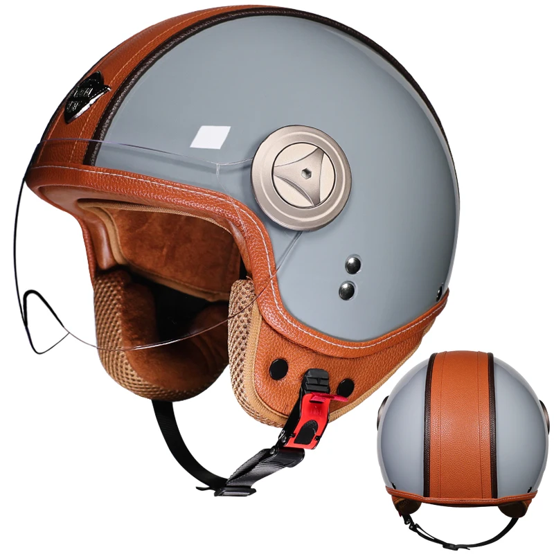 Retro Half Face Motorcycle Helmet Leather Stitching Beige Brown Open Face Helmet DOT Safety Helmet with Clear Visor