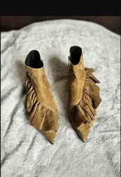 Suede Oversize Ruffle Flat Ankle Boots for Women Autumn Classic Pointed Toe Casual Short Booties Side Zip Sexy Ladies Shoes