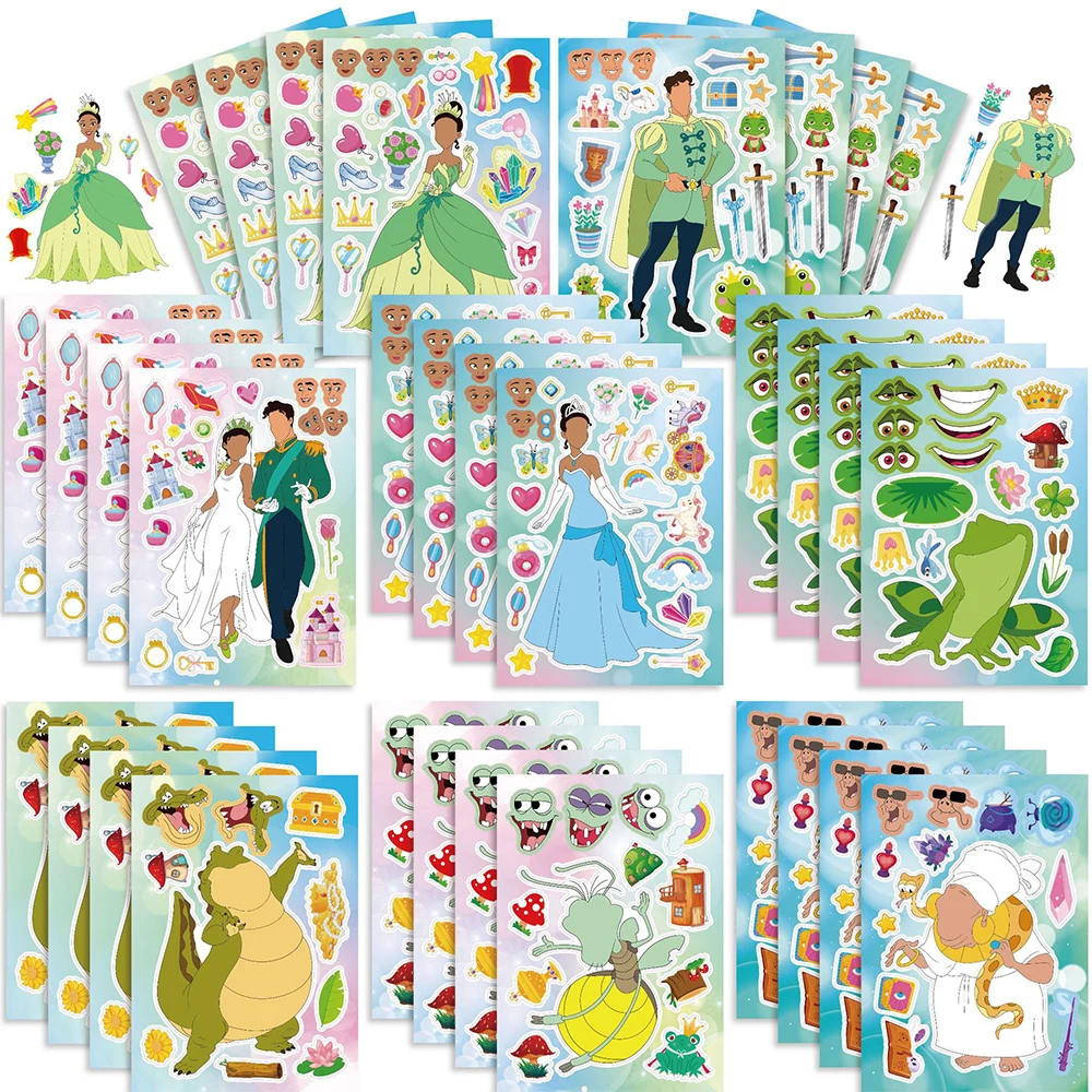 

8/16sheets Disney The Princess and The Frog Stickers Make A Face Cartoon Anime Puzzle Decals Assemble Jigsaw Funny Kids Toy Gift