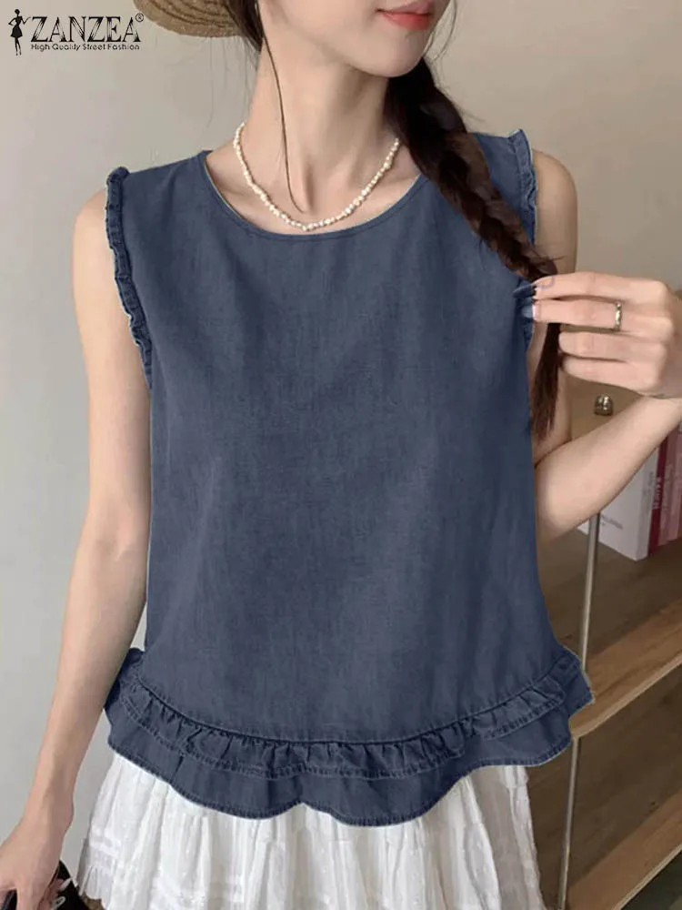 ZANZEA Korean Fashion Tanks Tops Women Summer O Neck Sleeveless Blouse Casual Ruffles Hem Shirt Stylish Holiday Party Blusas