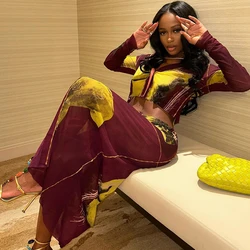 Women Summer Crop Tops Long Skirt Beach Vacation Two Piece Matching Sets Female Long Sleeve And See through Shirt Outfits