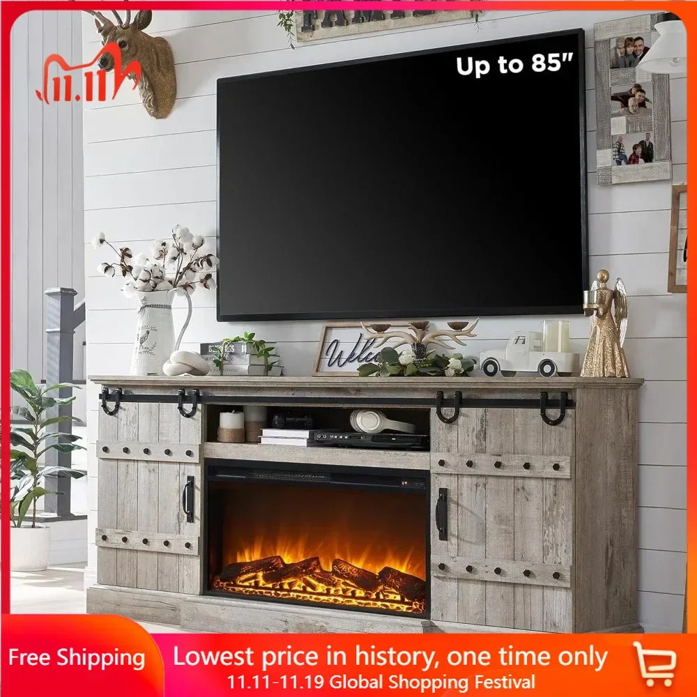 

Fireplace TV Stand 70" for 75/80 Inch TV with 30" Electric Fireplace&Sliding Barn Doors Farmhouse 32" Tall Media Console Cabinet