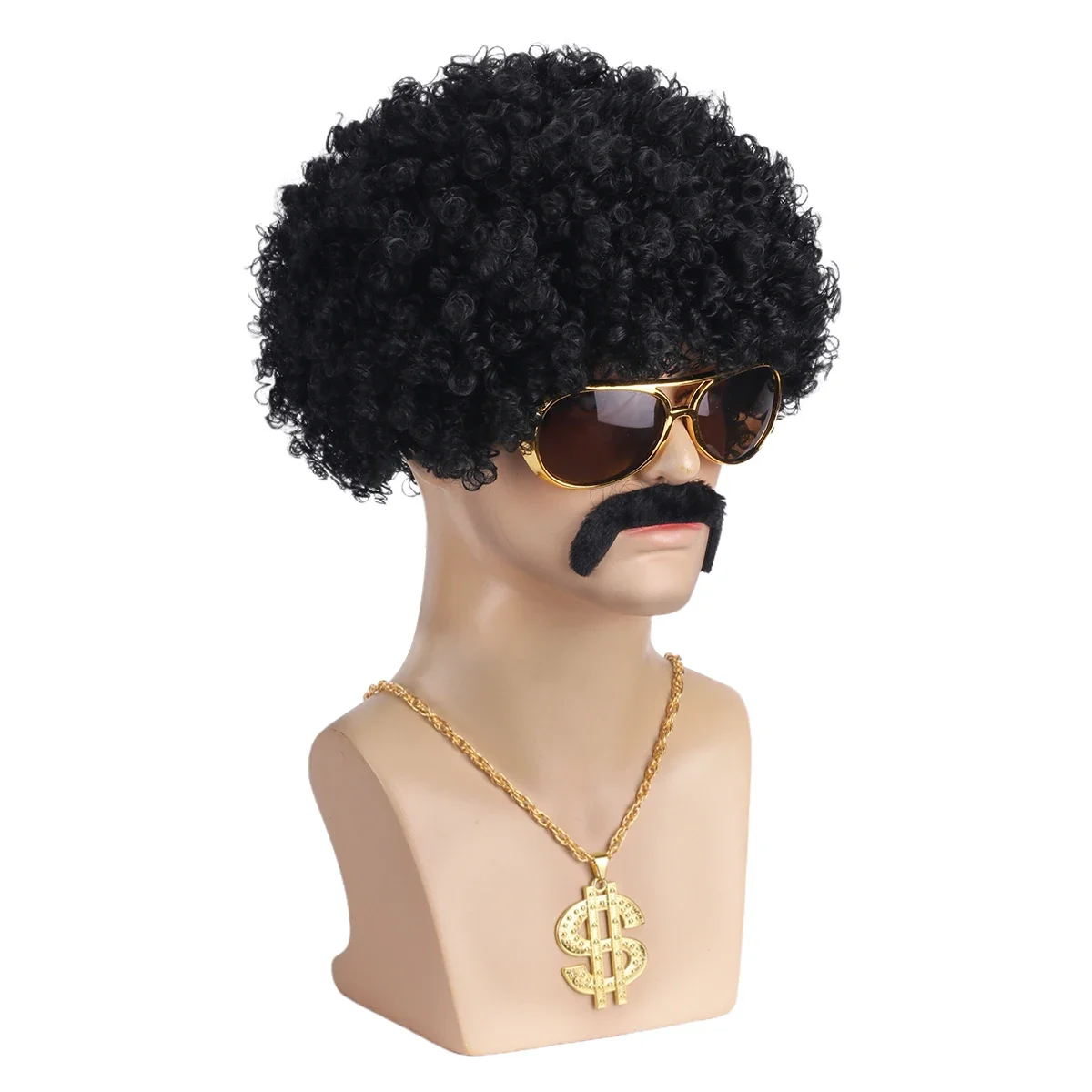 men's natural fluffy short curly African men's synthetic wig 4-piece set {wig+glasses+necklace+beard} 70s 80s disco costume wig