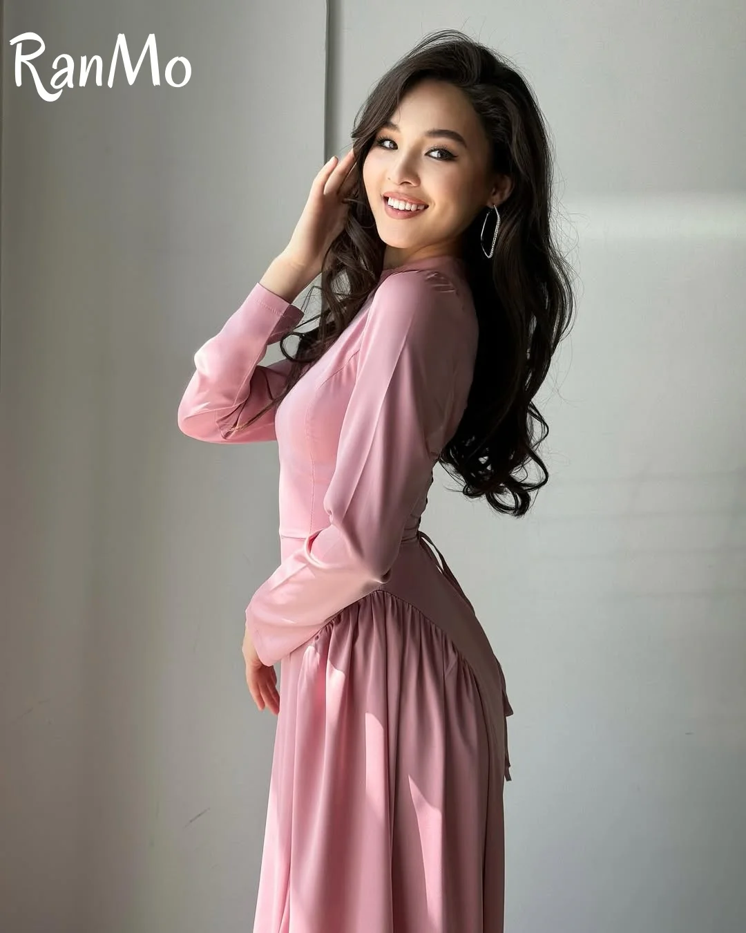 Ranmo Elegant Arabic Evening Dress Pink Chiffon Mermaid High Neck Pleats Long Sleeves Customized Prom Wedding Gown Party Dress