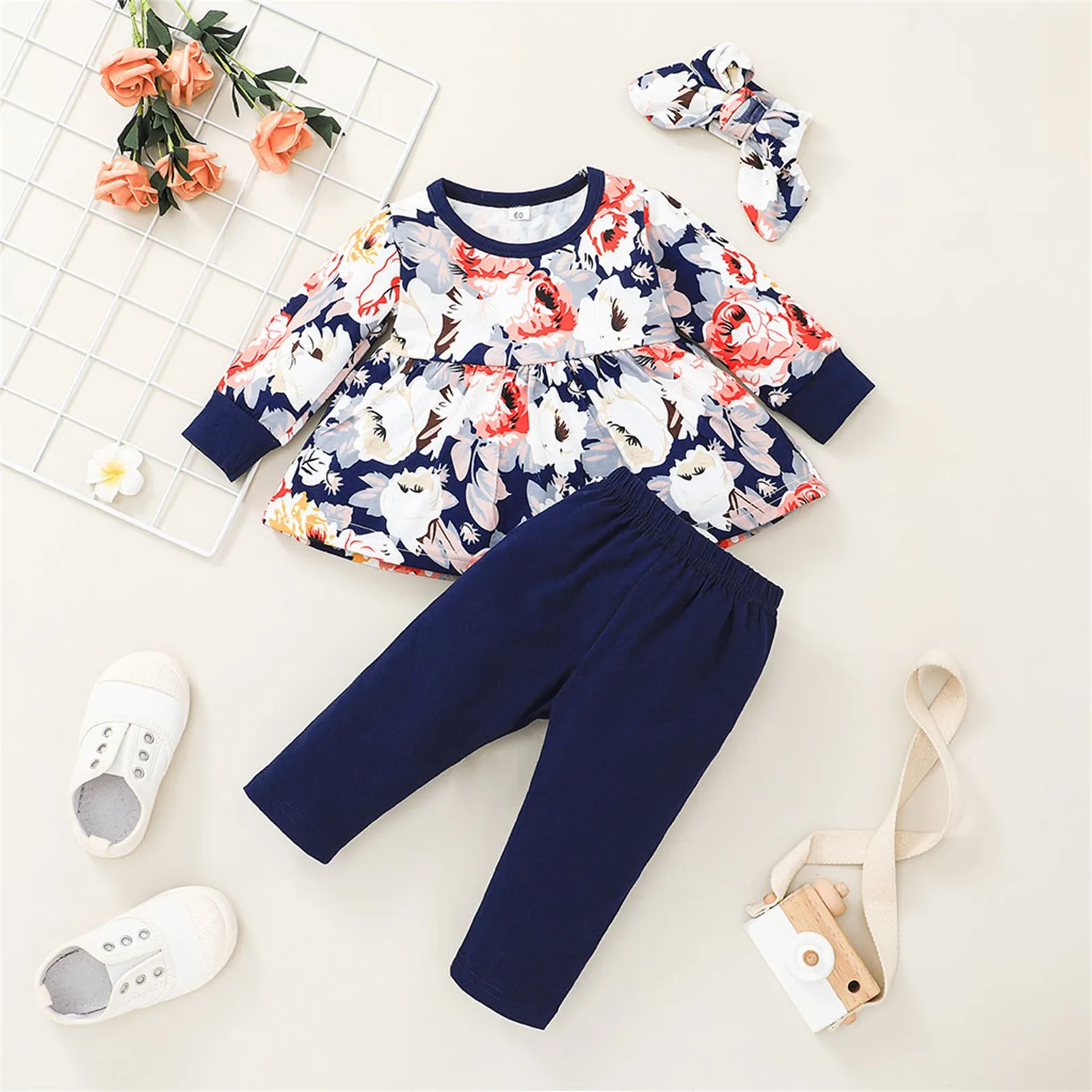 

Mommy Baby Matching Shoes Infant Girls Baby Long-sleeved Ruffle Floral Tops Shirt Pants With Infant Girl Outfits