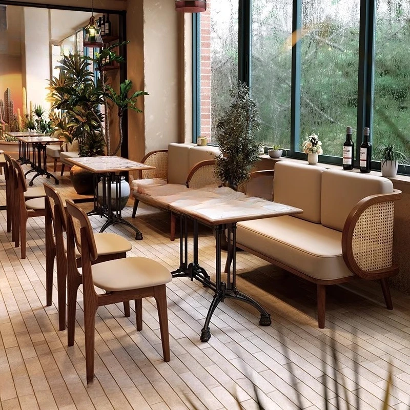 

Restaurant booth barbecue restaurant catering solid wood rattan tables and chairs chain western restaurant booth sofa