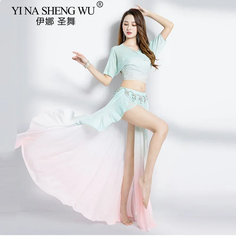 ชุดการแสดงระบำหน้าท้องแบบอียิปต์สำหรับผู้หญิง ชุดเต้นรำสำหรับผู้ใหญ่ กระโปรงแยกสีไล่ระดับ ชุดฝึกซ้อมเต้น