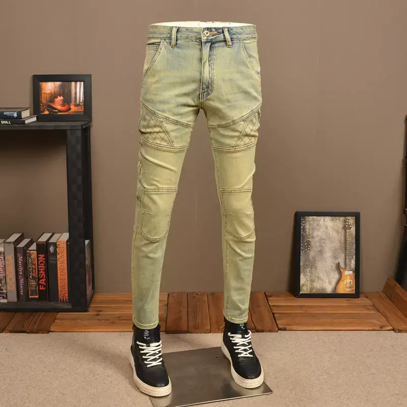 Pantalones vaqueros rasgados para Hombre, Jeans Retro lavados, elásticos, ajustados, empalmados de diseñador, Hip Hop, motorista