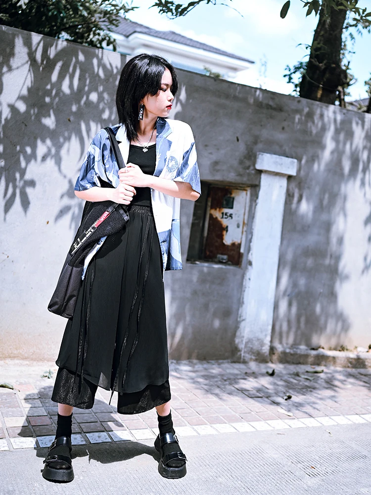 New Chinese Style National Style Han Elements Black Nine Inch Wide Leg Pants Summer Cool Feeling Pants Chiffon Pantalon Chinois