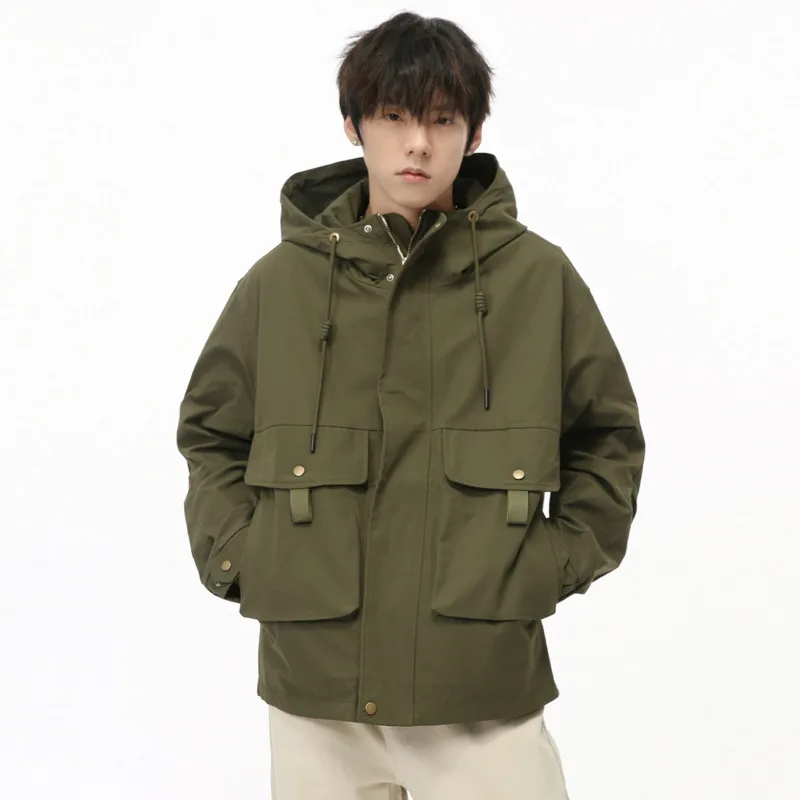 

SYUHGFA Fashion Korean High Street Big Pocket Hooded Safari Style Jacket Men's Top Loose Solid Color Hoodie Coat 2024 Autumn