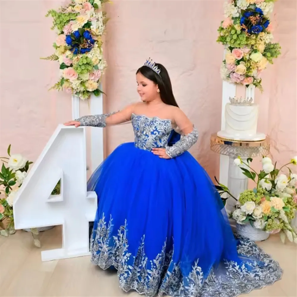 

Customized Royal Blue Princess Flower Girl Wedding Dress Appliques Lace Bow Full Sleeve Baby Birthday Party First Communion Gown