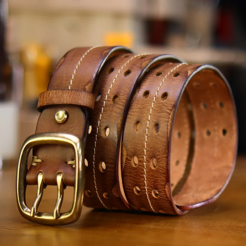 

Men's pure cowhide vintage perforated pure copper buckle hollow belt first layer genuine leather belt hand stitched