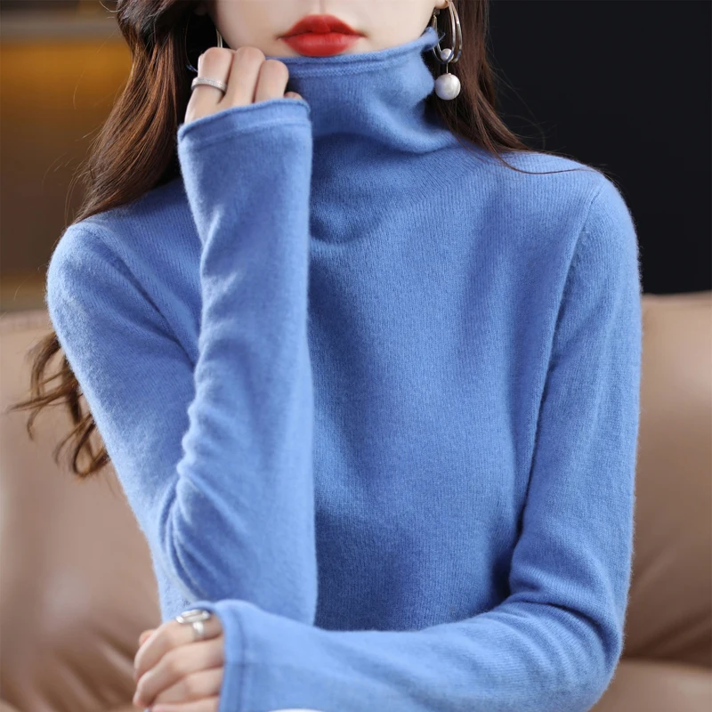 100% Wool Autumn Winter Women Sweater Turtleneck Cashmere Sweater Women Knitted Pullover Keep Warm Long Sleeve Loose Korean Tops