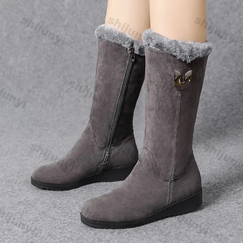 Women\'s Cotton Boots Winter 2024 Snow Boots Plush Midsole Wedges Anti Slip Warm Side Zipper Anti Cold Cotton Boots Botas Mujer