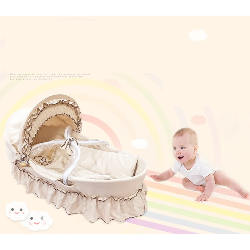 New Portable Sleeping Cradle Bed With Wheel Solid Wood Baby Basket Newborn Crib Baby Stroller For 0-24 Month