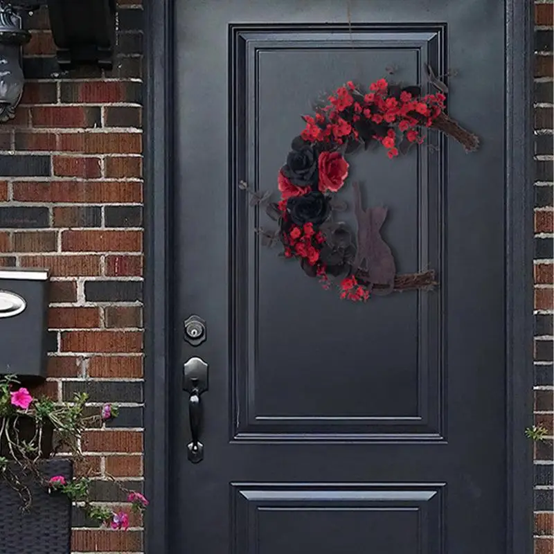 

Halloween Skull Wreath Artificial Rose Door Wreath For Halloween Gothic Black Cat Romance Seasonal Decor With Lanyard For Living