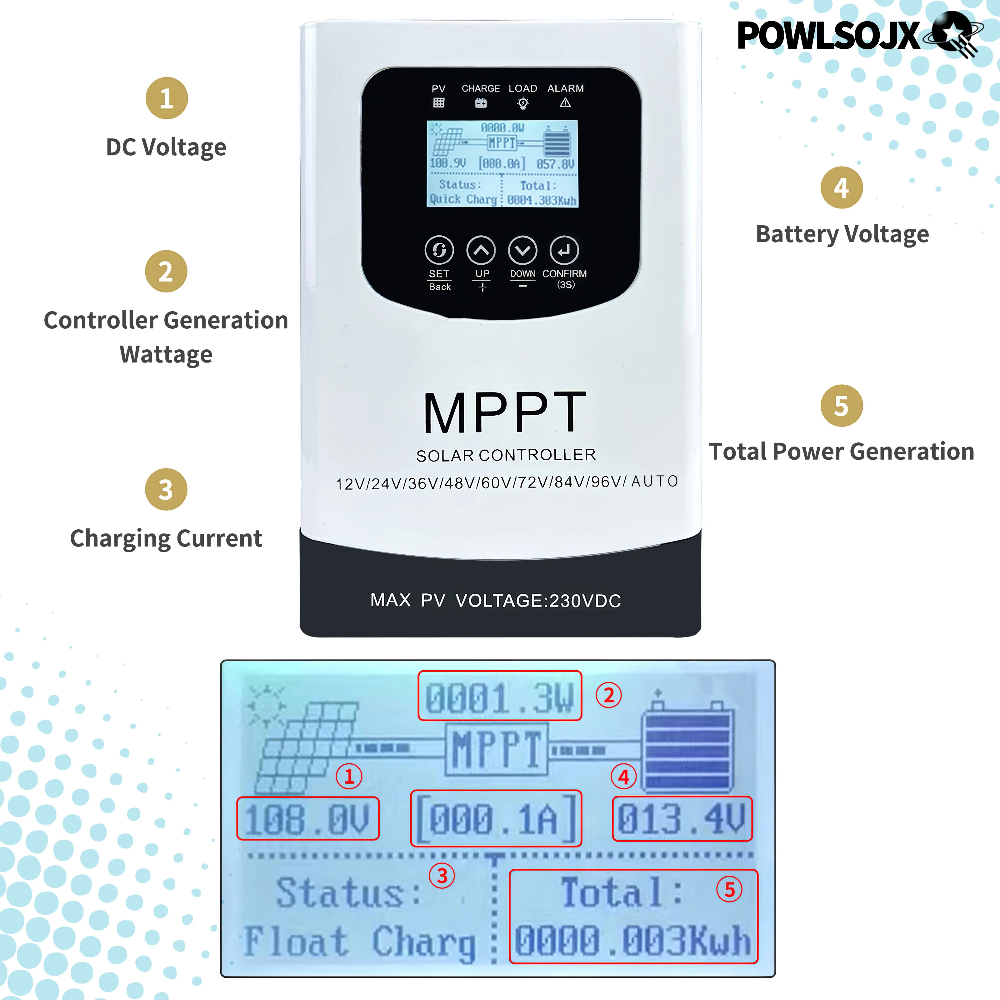 Imagem -03 - Powlsojx-mppt Controlador Solar Regulador de Descarga Combinação Automática Bateria Lifepo4 Gel de Lítio 12v 24v 48v 60v 72v 96v pv 230vdc