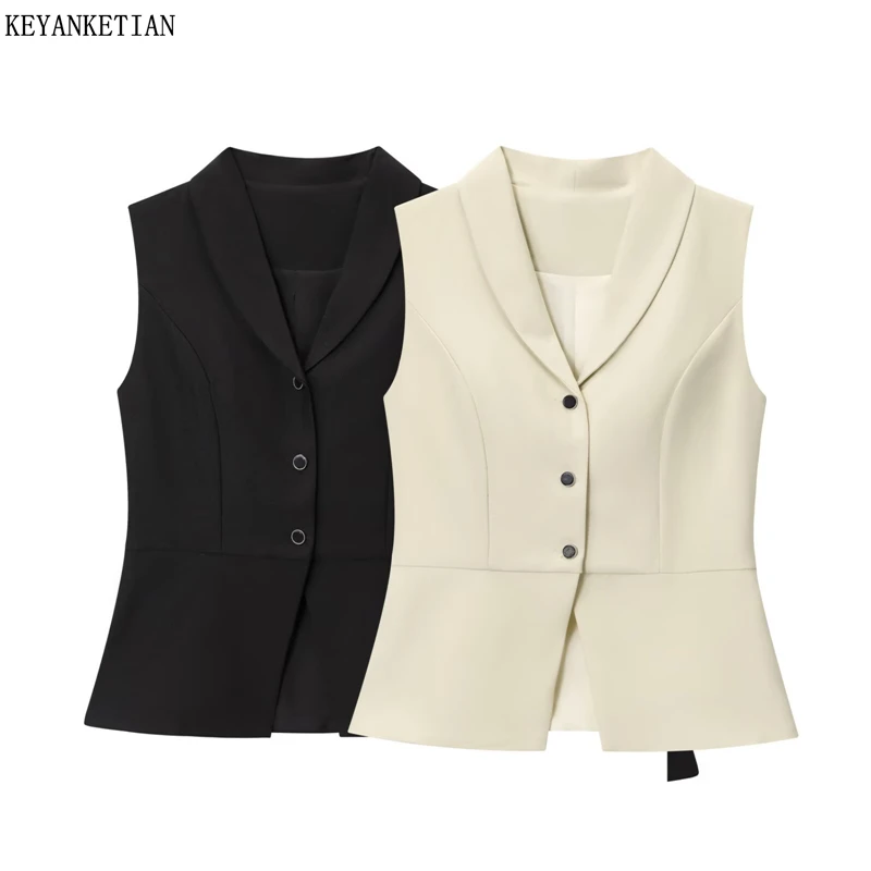 

KEYANKETIAN 2026 Новая женская деловая жилетка с вырезом, отложным воротником, баской и однобортным пиджаком без рукавов для офиса