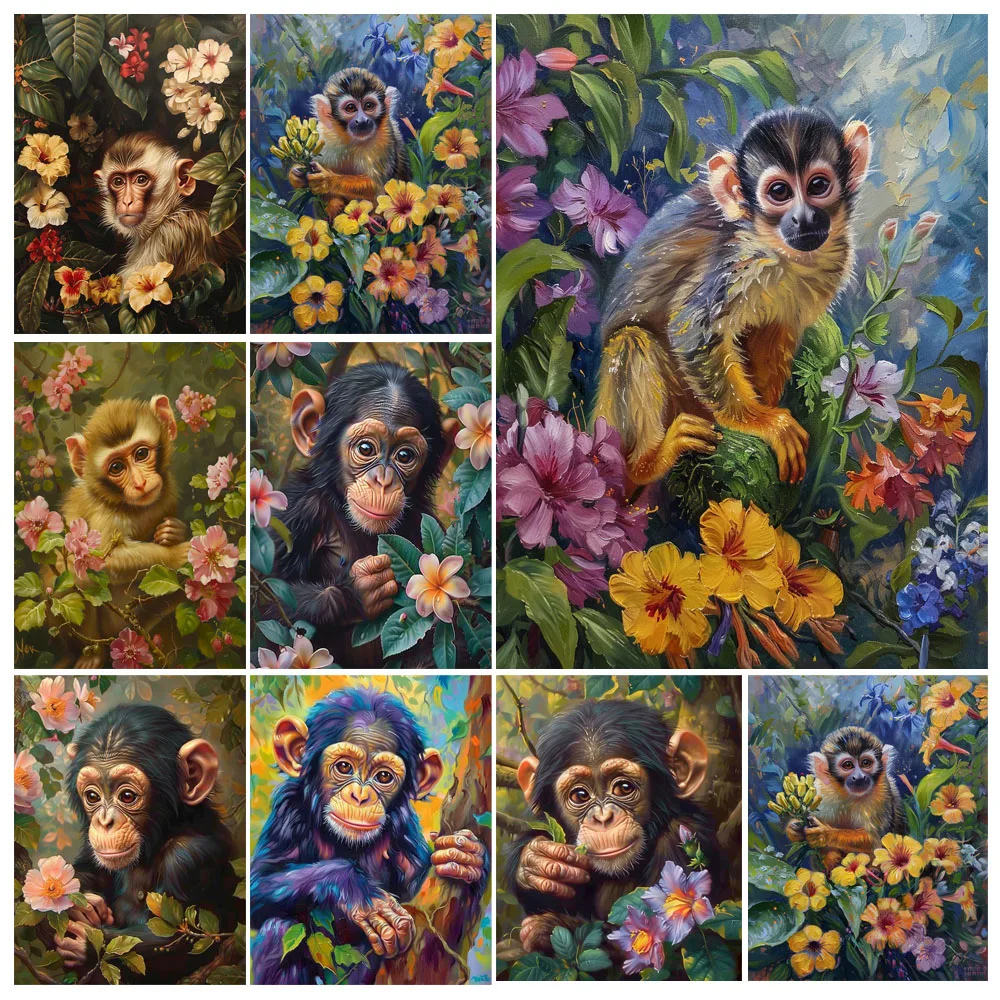 Painting by Numbers Kit Hand Paint Little Monkey Animal And Orangutan DIY Seascape Acrylic Artwork Art Gift Home Decoration