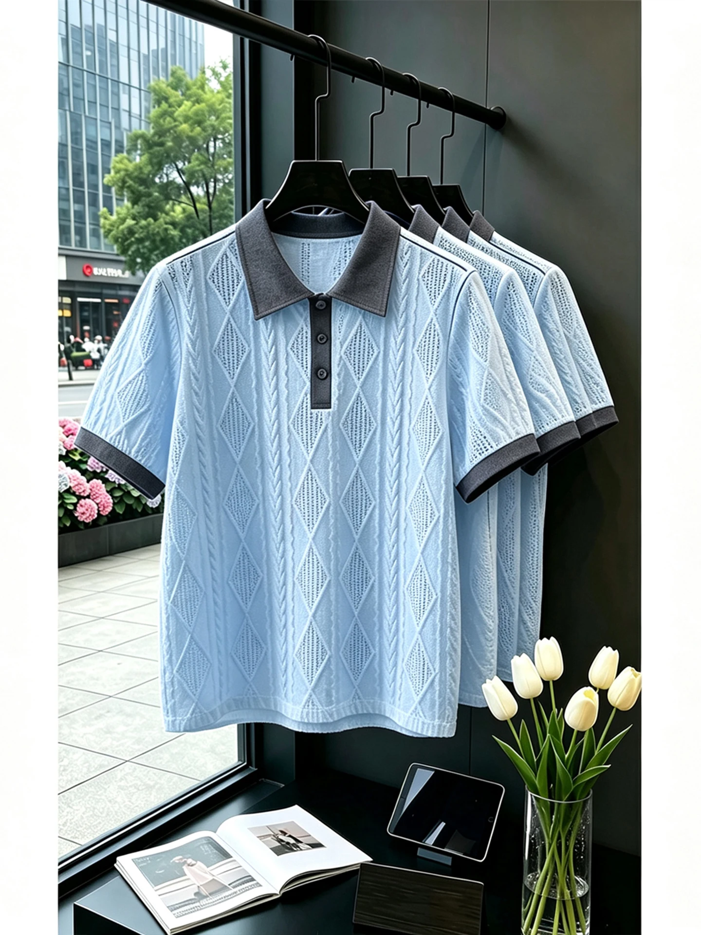 Men's Knitted Hollow out Short Sleeve  Shirt Summer Breathable T-Shirt American Contrast Color Flip Collar Half Sleeve