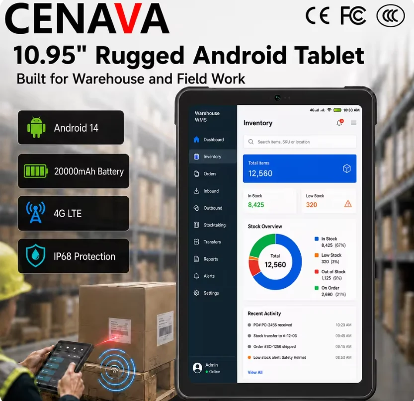 CENAVA A109TB 4G LTE 8-core Rugged Android14 Tablet 10.95″ 1920*1200IPS 8G 128G 700nit 20000mAh Dual Camera with GPS NFC WIFI BT