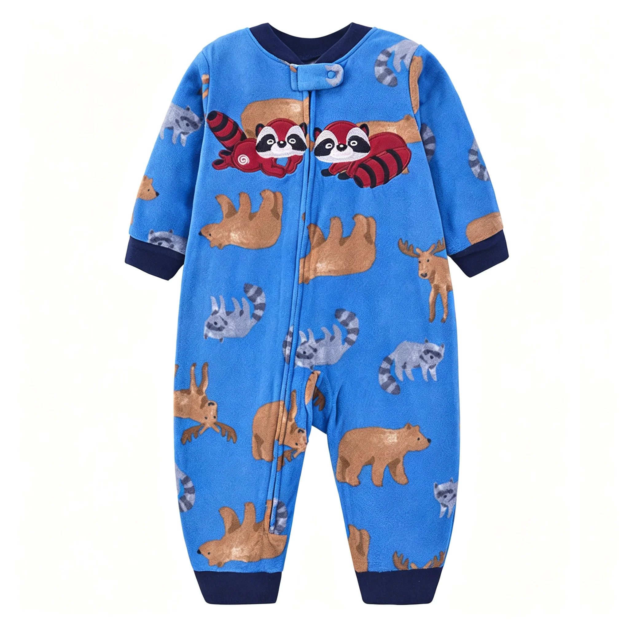 Infant Warm Fleece Jumpsuit, Footless Design Full Zip Romper, Forest Animal Pattern Toddler Daily Wear