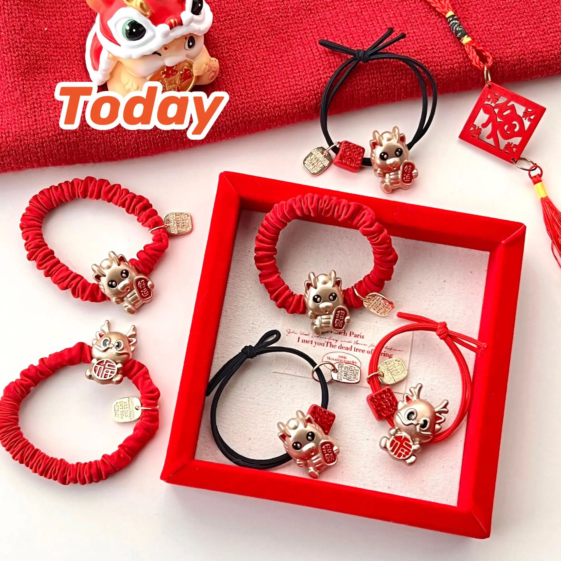 Dragon Year Zodiac Red Rope Metal Red New Year Hair Ring Female High Elastic Rubber Band Head Rope Celebration